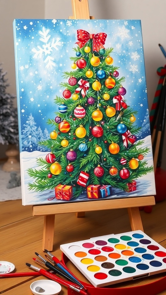 A joyful Christmas painting of a decorated tree in a snowy landscape, with paint supplies in the foreground.